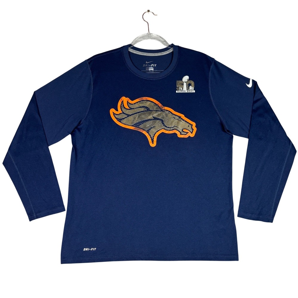 Nike Denver Broncos Super Bowl 50 Dri-FIT Long Sleeve Shirt Navy Mens Large
